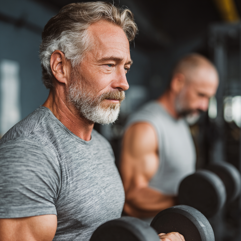 Middle-aged men engaged in strength training and fitness development